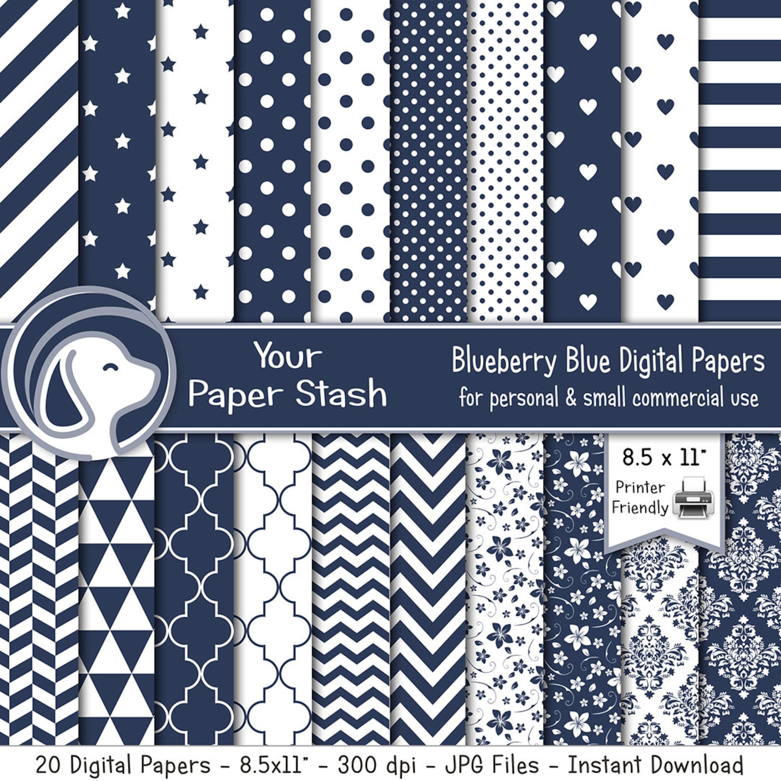 Printable Blue Digital Paper Pack With Stripe Herringbone Quatrefoil