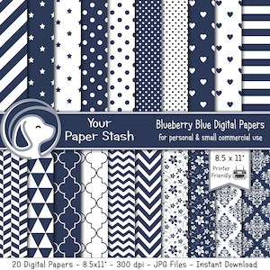 Pack de papier numérique bleu imprimable avec motifs quadrilobes à chevrons rayés, arrière-plans de papier de scrapbooking bleu myrtille à télécharger