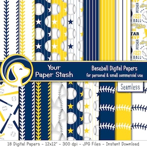 Puede incluir: 18 papeles digitales con diseños de béisbol en azul marino, amarillo y blanco. Los diseños incluyen pelotas de béisbol, estrellas, costuras y rayas. Los papeles miden 30,48 cm por 30,48 cm y 300 dpi. El texto "Your Paper Stash" y "Baseball Digital Papers for personal & small commercial use" está incluido en la imagen.