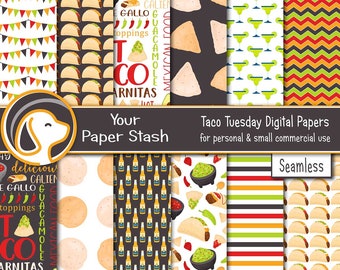 Paquet de papier pour scrapbooking numérique Taco Tuesday, Cinco de Mayo, chips de nourriture tacos mexicains, fond de bière, fournitures pour caisses, petit usage commercial