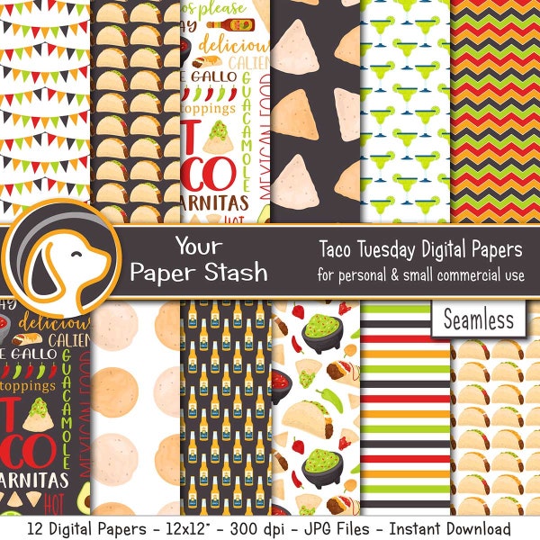 Taco Tuesday Digital Scrapbook Paper Pack, Cinco de Mayo Mexican Taco Food Chips Beer Background Crat Supplies Small Commercial Use