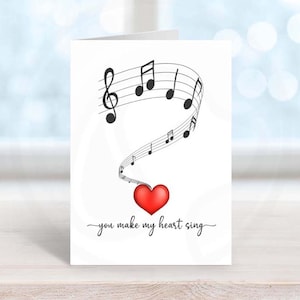 Afdrukbare romantische kaart voor jubileum, You Make My Heart Sing-wenskaart voor man of vrouw, Valentijnsdagkaart voor vriendin