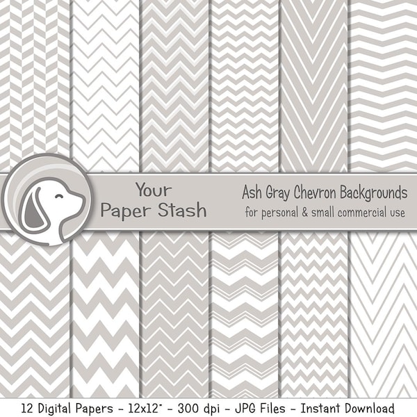 Ash Gray Chevron Digital Paper Pack for Silver Anniversary Scrapbook Pages, Gray Zig Zag Striped Backgrounds, Commercial Use