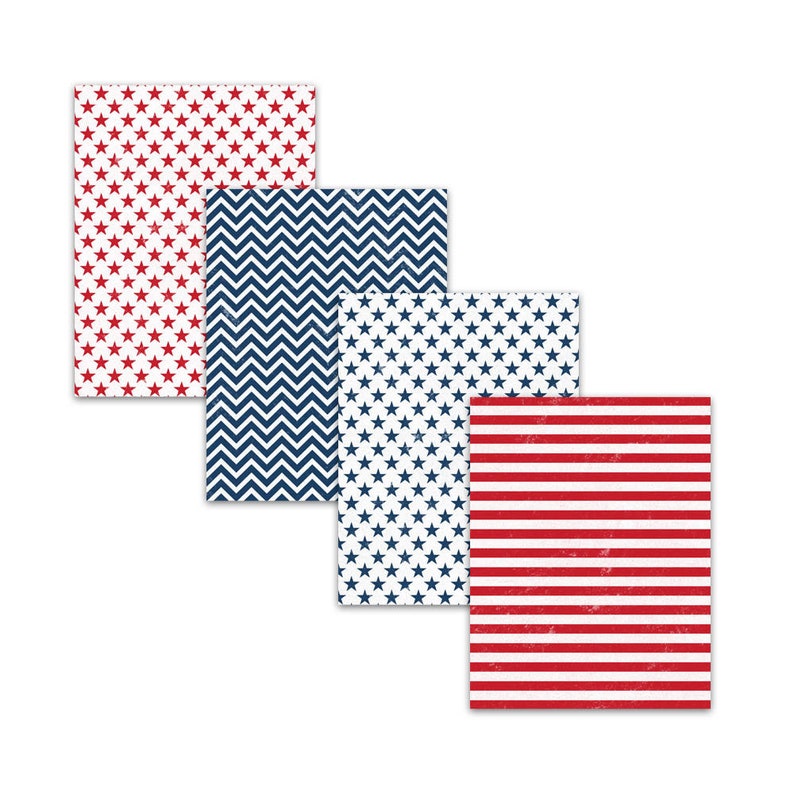 Distressed patriotic digital paper pack featuring red, white, and blue stars, stripes, chevrons, fireworks, and vintage-style textures in 8.5x11" 300dpi JPG backgrounds for scrapbooking, crafts, party décor, and Fourth of July printables.