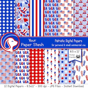 Printable Patriotic Digital Paper Pack, Red White Blue Stars and Stripes Digital Paper Pack, Patriotic Craft Supplies Decoupage Paper CM107