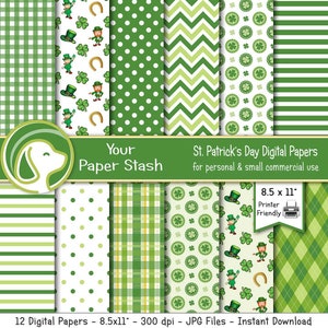 St. Patrick's Day Digital Paper Pack With Leprechauns Shamrocks & Lucky Horseshoes, 8.5x11 Printable St. Paddy's Day Paper