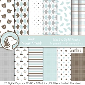 Baby Boy Digital Scrapbook Paper Pack, Hintergrund mit Teddybär, Plaid Tartan Digitale Papiere, Baby Fußabdruck Hintergrund, kommerzielle Nutzung / WM101