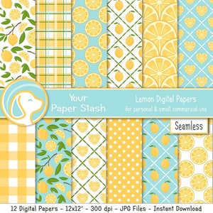 Papier de scrapbooking numérique citron, motifs numériques d'été citron, papiers numériques sans couture citron, scrapbooking vichy à pois