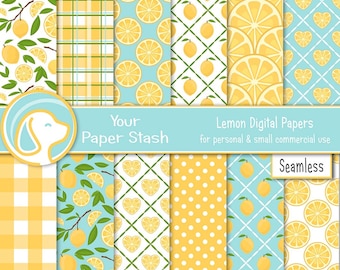 Lemon Digital Scrapbook Paper, Summer Lemon Digital Pattern Backgrounds, Seamless Lemon Digital Papers, Gingham Polka Dot Scrapbooking