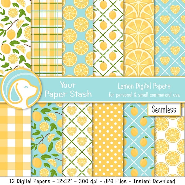 Lemon Digital Scrapbook Paper, Summer Lemon Digital Pattern Backgrounds, Seamless Lemon Digital Papers, Gingham Polka Dot Scrapbooking