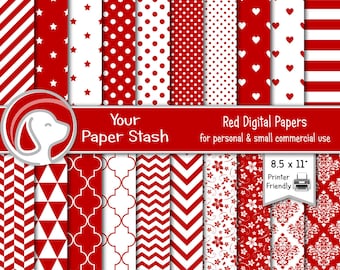 Printable Red Digital Papers With Polka Dots Hearts & Stripes, Valentine's Digital Paper, Christmas Scrapbook Papers, Heart Digital Papers