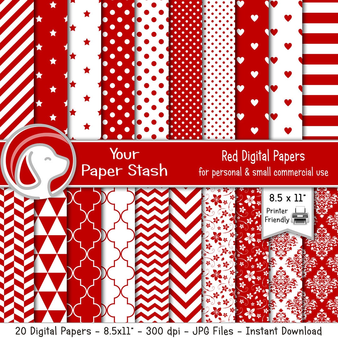 Printable Red Digital Papers With Polka Dots Hearts & Stripes