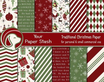 May include: A collection of twelve digital papers featuring Christmas patterns including red and green stripes, snowflakes, argyle, chevron, gift boxes, and holiday characters. The text reads Your Paper Stash Traditional Christmas Paper.