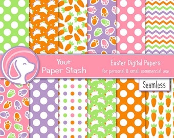 Bright Easter Bunny Digital Scrapbooking Papers, Spring Polka Dot Chevron Digital Paper Pack, Easter Bunny Paw Carrot Backgrounds / CM105