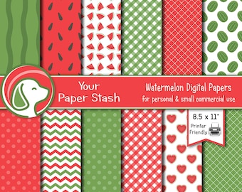 Watermelon Printable Paper Pack, 8.5x11 Summer Scrapbook Paper, Red Green Fruit Chevron Polka Dot Backgrounds, Instant Download