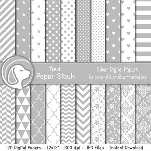 Silver Gray Digital Paper Pack, Variety Scrapbook Paper, Autumn Digital Papers, Geometric Patterns, Silver 25th Anniversary Paper / WD101