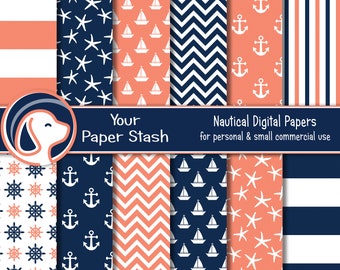Navy Blue & Coral Nautical Digital Papers, Nautical Baby Shower And Scrapbook Pages, Sailboat Anchor And Starfish Paper Commercial Use
