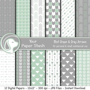 May include: Twelve digital papers featuring mint green and gray arrow patterns. The papers are 12 inches by 12 inches and 300 dpi. The text "Your Paper Stash" and "Mint Green & Gray Arrows" is included in the image. The text "for personal & small commercial use" is also included in the image.