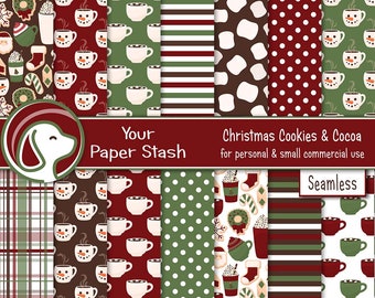 Christmas Cocoa And Cookies Digital Scrapbook Paper, Hot Chocolate Cocoa Cookie Digital Paper Backgrounds Christmas Craft Supplies / CM101