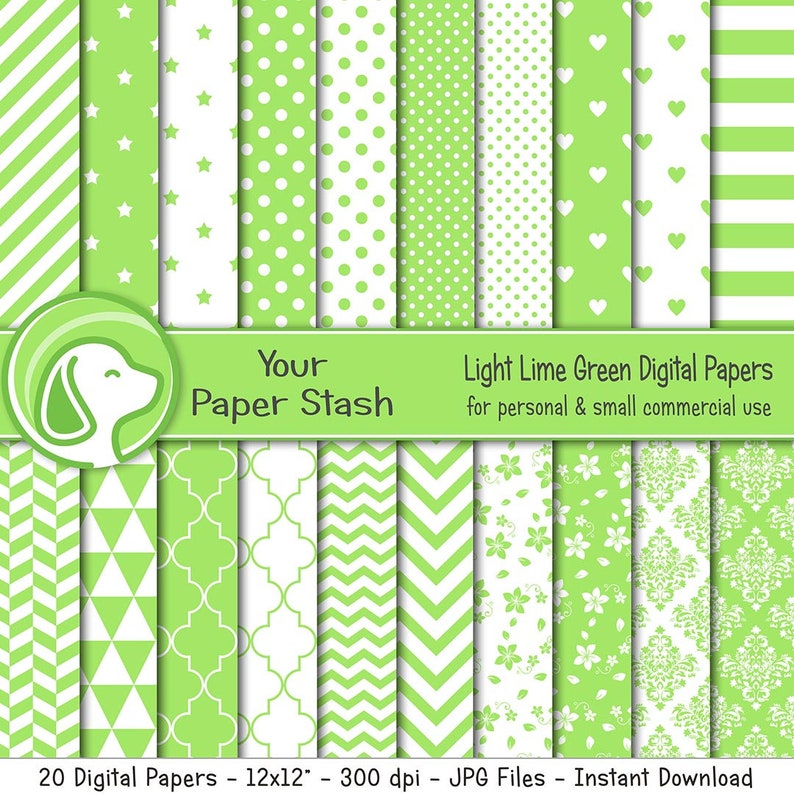 Summer Pool Party and Vacation Scrapbook Paper Bright Lime Green Digital Paper Backgrounds With Flowers Polka Dots Stripes /& Chevrons