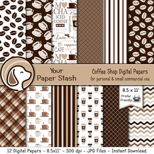 Coffee Digital Papers & Backgrounds With Coffee Beans Mugs and Words, Brown Scrapbook Paper With Coffee Beans for Planners