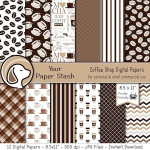 Kaffee Digitale Papiere & Hintergründe mit Kaffeebohnen Tassen und Worten, braunes Scrapbook Papier mit Kaffeebohnen für Planer