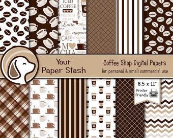Coffee Digital Papers & Backgrounds, Brown Cafe Scrapbook Paper With Beans Mugs Words for Planners
