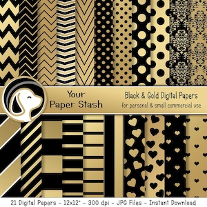 Paquete de papel digital negro y dorado para álbumes de recortes de Nochevieja, elegantes fondos digitales dorados, descarga instantánea para uso comercial.
