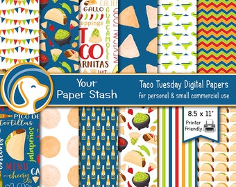 Printable Taco Tuesday Digital Papers for Card Making Craft Projects Gift Tags, Cinco de Mayo Mexican Taco Papers and Backgrounds Download