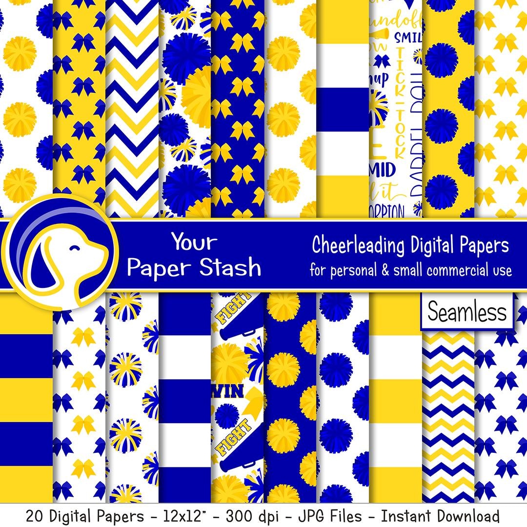 Yellow Cheer Pattern Cheerleading Digital Paper Pack, Royal Blue Yellow Cheerleader ...