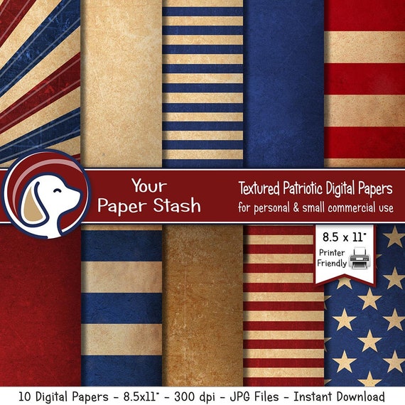 8.5x11" Vintage Patriotic Digital Papers, Rustic Stars and Stripes Digital Backgrounds, 4th of July Printable Paper, Memorial Day Designs