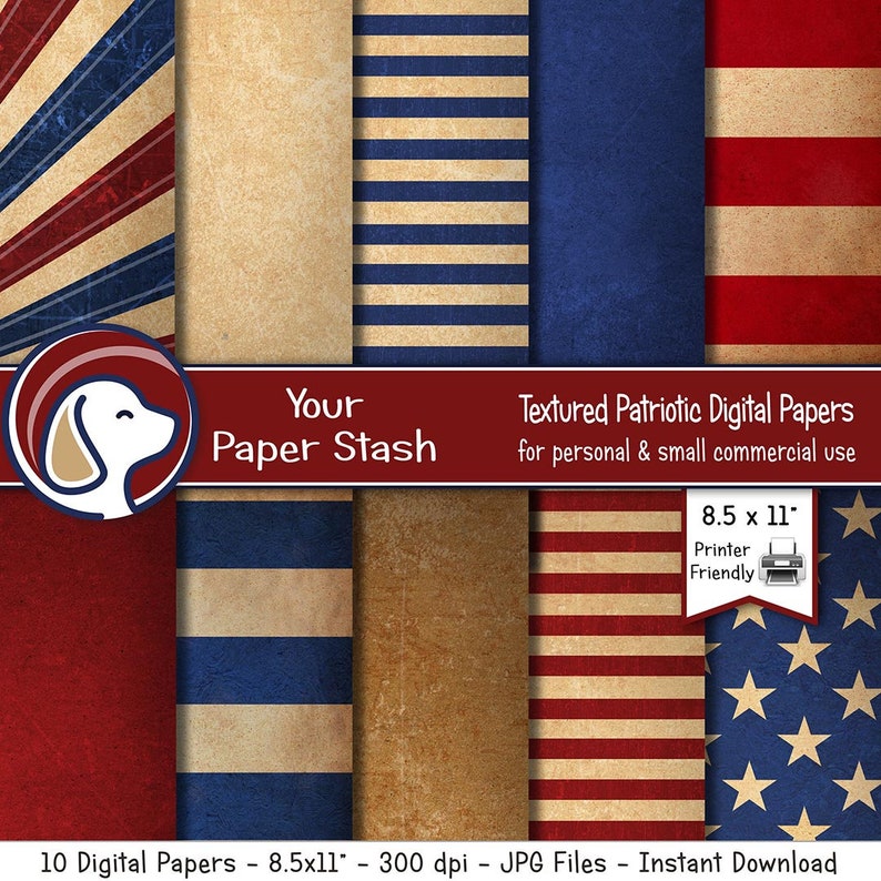 Textured patriotic digital paper pack with distressed red, white, and blue backgrounds, stars, stripes, and vintage flag-inspired patterns; 8.5x11 high-resolution printable Americana designs.