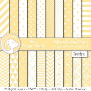 Yellow Digital Paper Scrapbook Papers, Star Chevron Stripe Polka Dot Digital Papers, Spring and Easter Digital Paper, Commercial Use / CM103