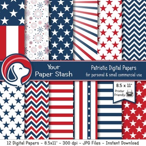 Patriotic Digital Papers, Red White Blue Stars & Stripes Scrapbook Pages, American Flag Veteran’s Day et 4th of July Backgrounds, 8.5x11 »