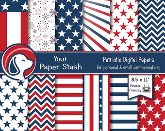 Patriotic Digital Papers, Red White Blue Stars & Stripes Scrapbook Pages, American Flag Veteran's Day and 4th of July Backgrounds, 8.5x11"