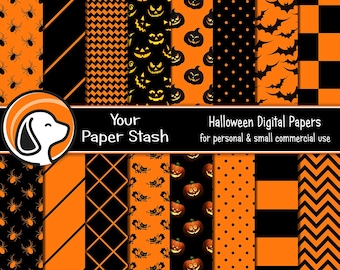 Orange & Black Halloween Digital Scrapbook Papers with Pumpkins Bats Spiders and Black Cats, Halloween Digital Background Patterns / HAL101