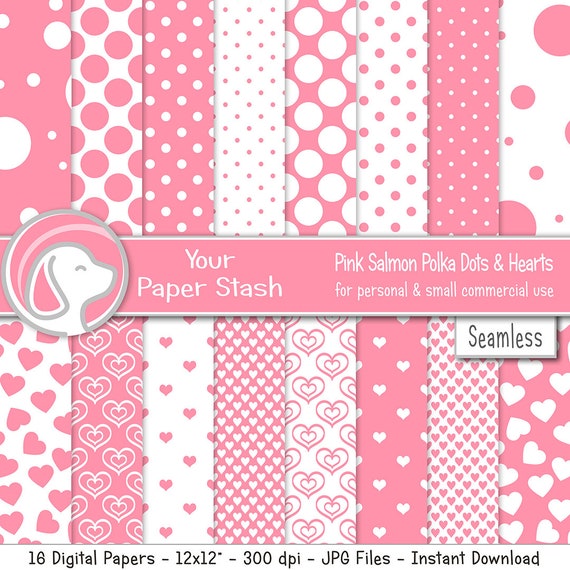 Pink Polka Dot Heart Digital Scrapbooking Paper, Pink Stripes Damask Girl  Birthday Baby Shower Background Patterns Digital Designs, Download 
