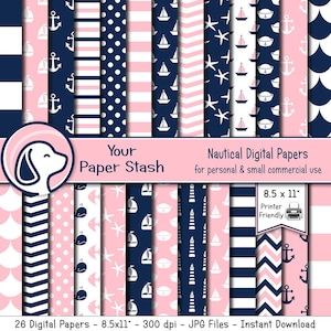 Pink & Blau nautischen Digital Papiere für Geschlecht offenbaren Parteien und Baby-Duschen, Baby-Mädchen-junge-Scrapbook-Seiten, Anker Segel Boot Muster