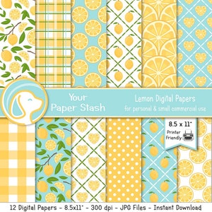 Pack de papier numérique imprimable citron d'été, arrière-plans de papier de scrapbooking numérique citron fruit, téléchargement de papiers numériques sans couture citron