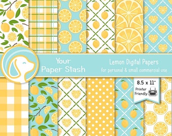 Printable Summer Lemon Digital Paper Pack, Lemon Fruit Digital Scrapbooking Paper Backgrounds, Seamless Lemon Digital Papers Download