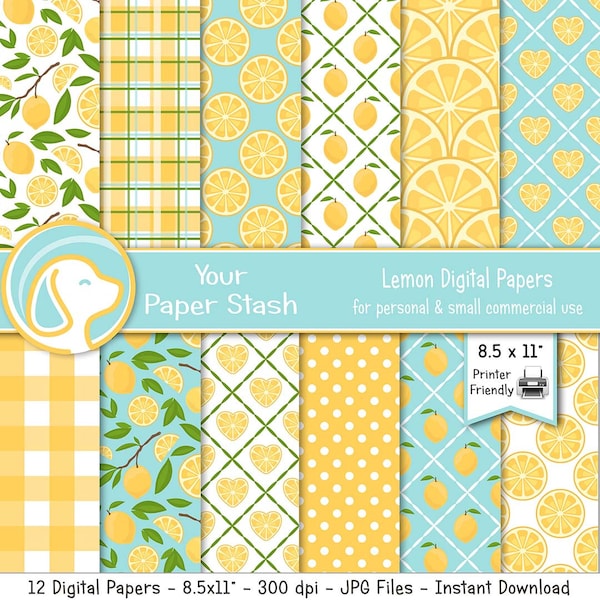 Printable Summer Lemon Digital Paper Pack, Lemon Fruit Digital Scrapbooking Paper Backgrounds, Seamless Lemon Digital Papers Download