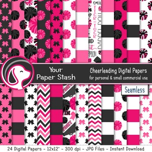 May include: A set of 24 digital papers featuring cheerleading themes. The papers include various patterns, such as pom-poms, bows, stripes, and chevron designs. The papers are in pink, black, and white colors. The text "Your Paper Stash" and "Cheerleading Digital Papers" is included in the image.