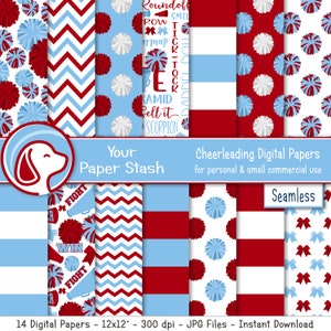 Cheerleading Digital Scrapbook Papers, Light Blue Red Cheerleader Cheer Team Seamless Digital Paper Background Patterns Instant Download