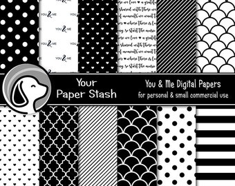 Wedding Digital Paper Pack, Black White Heart Stripe Polka Dot Scrapbook, Engagement Anniversary Romantic Printable Instant Download