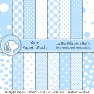 Carta digitale a pois e cuori azzurri per baby shower, pagine di album per il primo compleanno del bambino, carte digitali pastello pasquali e primaverili