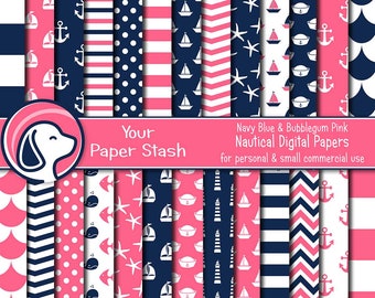 Nautical Digital Paper Pack in Pink and Blue, Anchor Sailboat Starfish Nautical Scrapbook Paper, Gender Reveal Boy Girl Instant Download