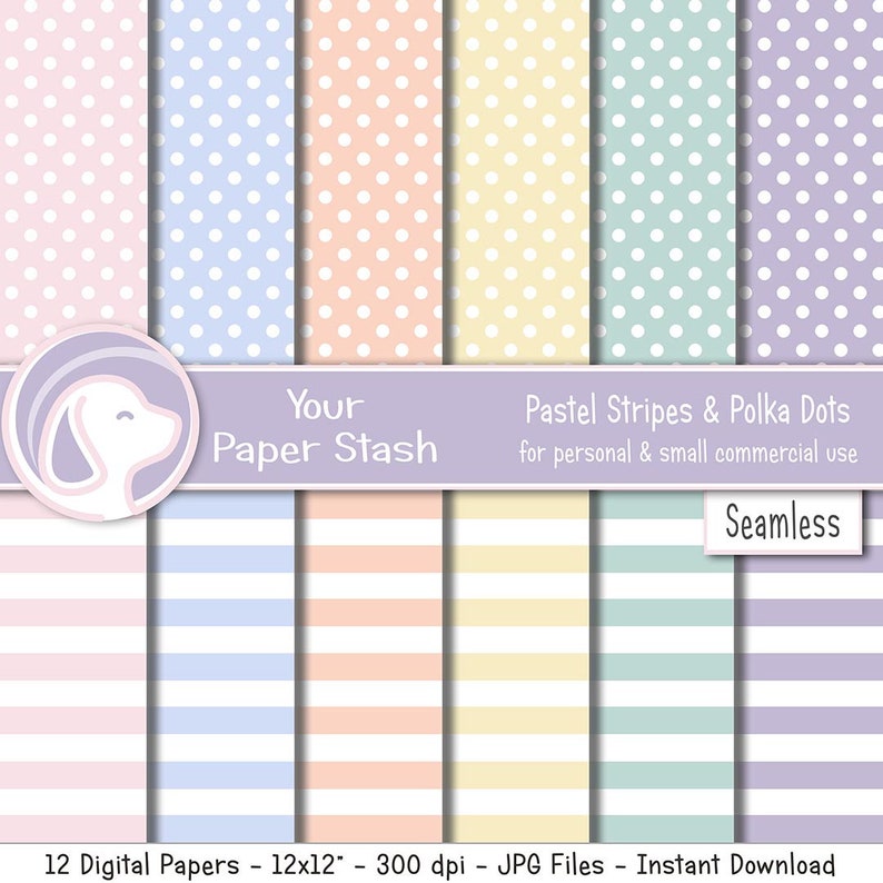 Pastel Polka Dot & Stripes Digital Scrapbooking Paper Pack, Mint Green ...