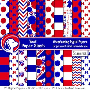 May include: 20 digital papers in a cheerleading theme. The papers feature red and blue pom-poms, bows, stripes, and chevron patterns. The text "Your Paper Stash" and "Cheerleading Digital Papers" is included. The papers are seamless and 12x12 inches.