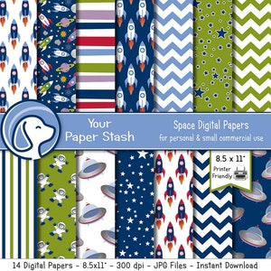 Space Themed Digital Paper Pack for Birthday Scrapbook Pages, Space Backgrounds for Science Class & Bulletin Boards, UFO Asteroids Astronaut