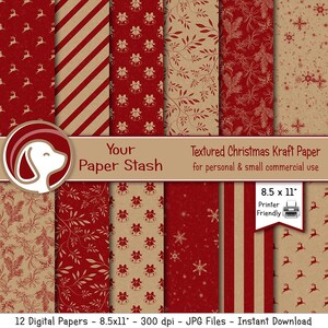 Imprimible Red Christmas Kraft Digital Scrapbook Paper Funds, Rustic Woodsy Holiday Digital Paper Pack